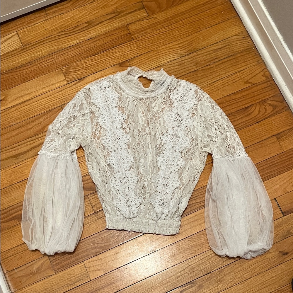 Love University Lace Blouse with Sheer Sleeves